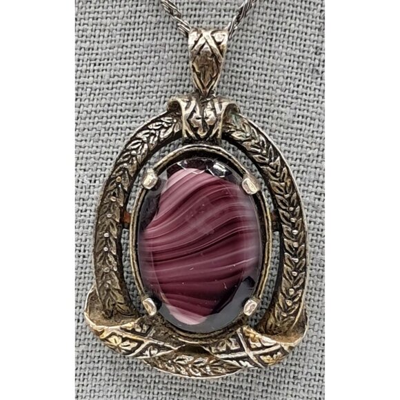 Porphryr Glass Necklace Purple Pendant Signed Miracle Celtic Vintage Costume Jew - Picture 3 of 8